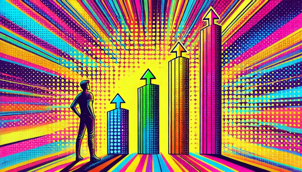 DALL·E 2024 09 15 23.53.27 A vibrant pop art style version of an image showing a person standing next to three pillars of increasing height representing growth or progress. The